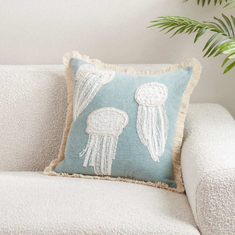 Embroidered Jellyfish Cotton Throw Pillow - Coastal Sea Life Stitch Design for Sofa, Bed & Accent Styling, 18"x18"