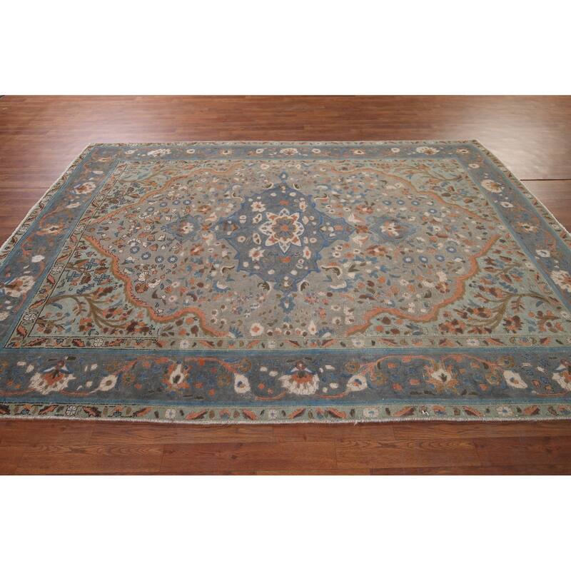 Distressed Tabriz Persian Vintage Area Rug Handmade Grey Wool Carpet - 6'8" x 9'8"