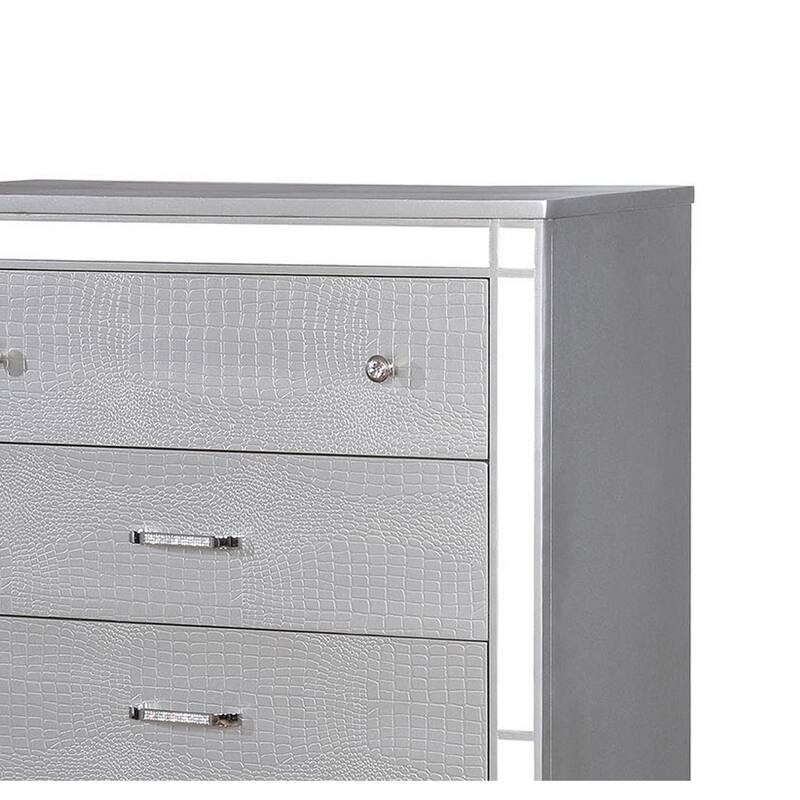 Five Drawer Solid Wood Chest with Mirror Accent Trim Front, Silver