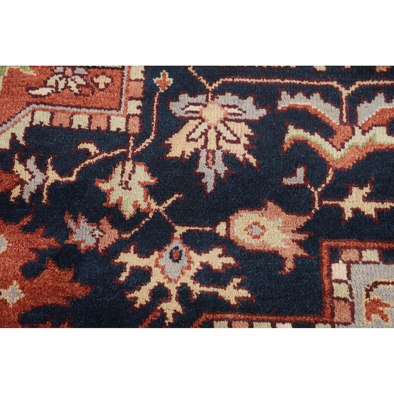 Navy Blue Orange Heriz Serapi Indian Area Rug Hand-Knotted Wool Carpet - 8'10" X 11'9"