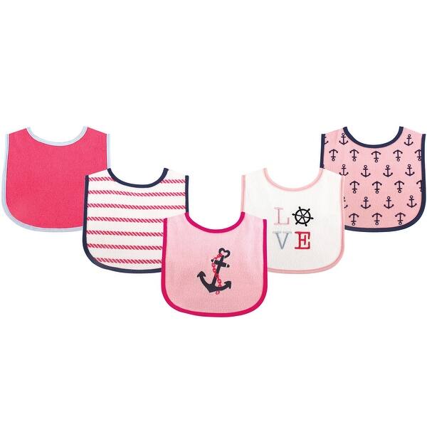 slide 1 of 1, Luvable Friends Baby Girl Cotton Terry Drooler Bibs with PEVA Back 5pk, Girl Nautical, One Size - Girl Nautical - One Size One Size - Girl Nautical