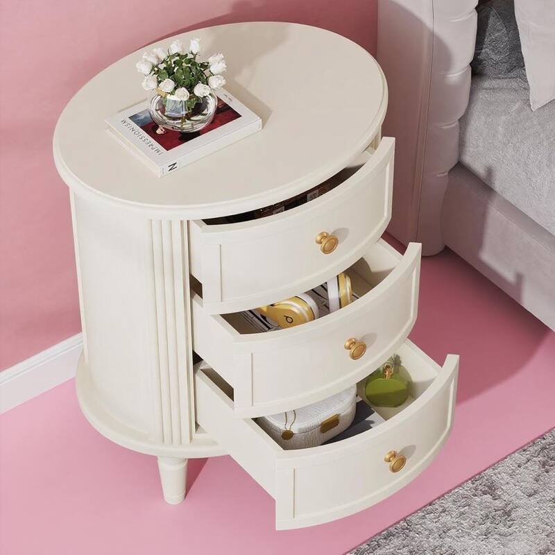 White-Beige Wood Oval Nightstand with 3 Drawers and Spacious Storage - White-Beige