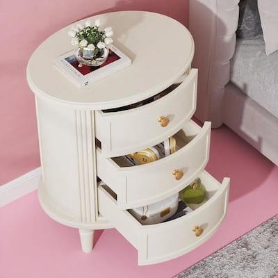 White-Beige Wood Oval Nightstand with 3 Drawers and Spacious Storage