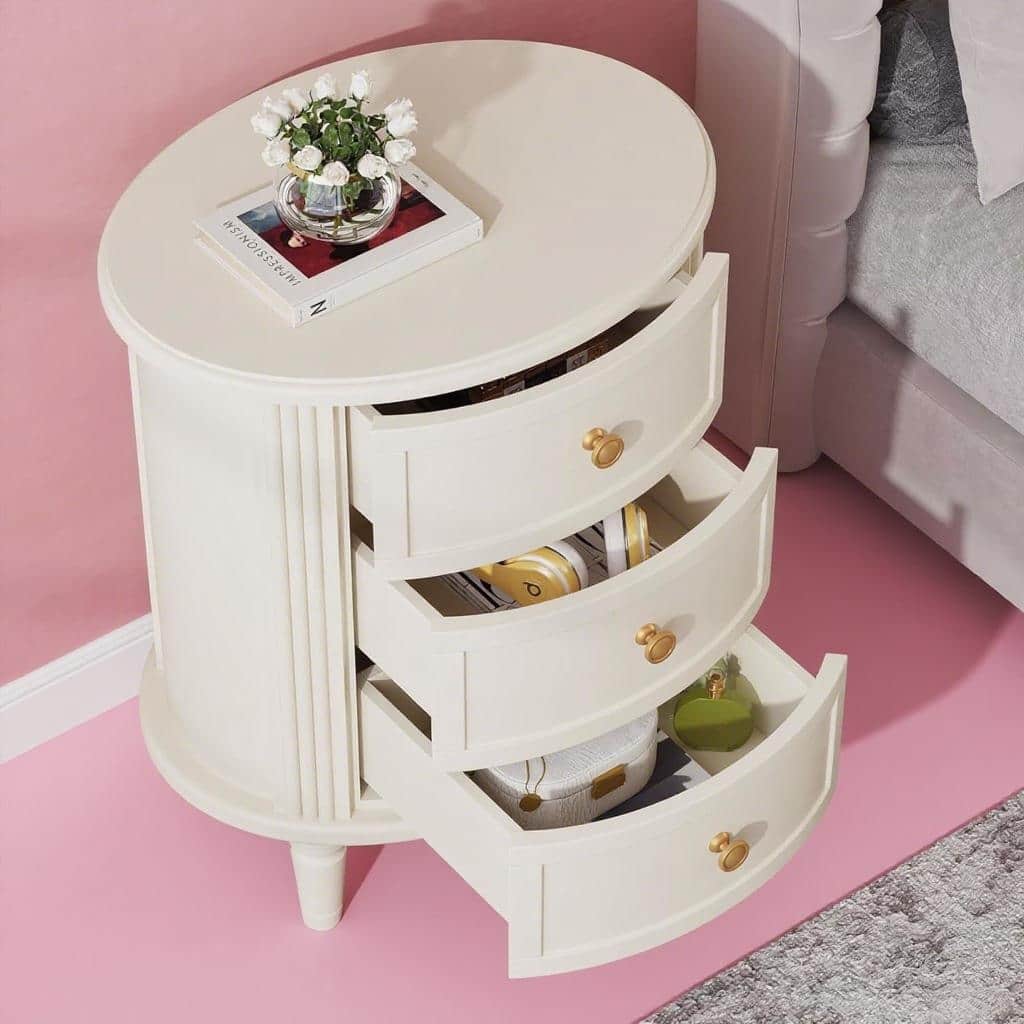White-Beige Wood Oval Nightstand with 3 Drawers and Spacious Storage