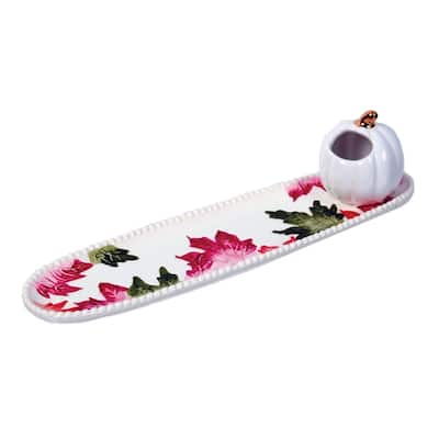 Falling Leaves Cracker Tray with White Pumpkin Shaped Toothpick Holder Set - White,Red,Green