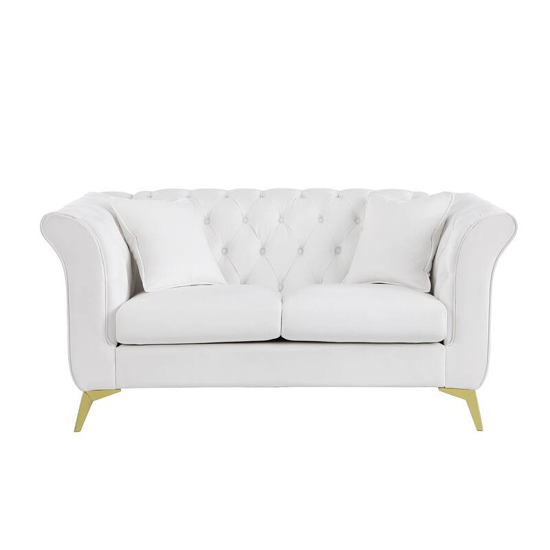 Wrinkled Fabric White Loveseat Sofa Button Tufted Back Reclining Sofa