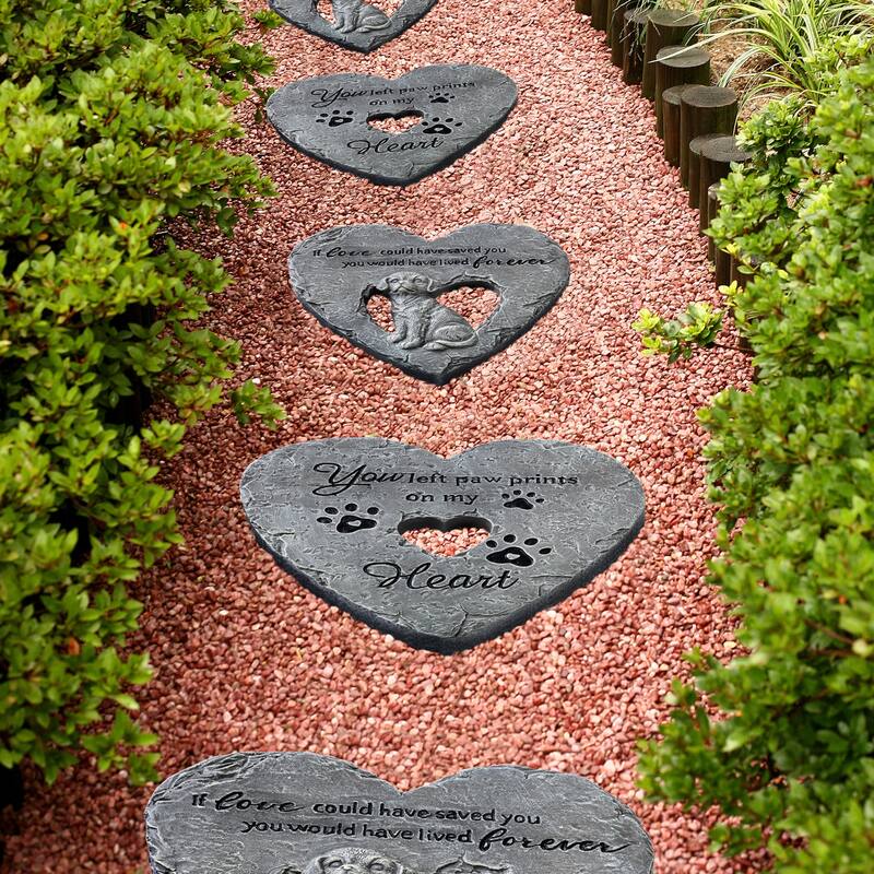 Glitzhome 2-Piece Cement Heart Shaped Paw Prints and Dog Memory Stepping Stones - 10 in