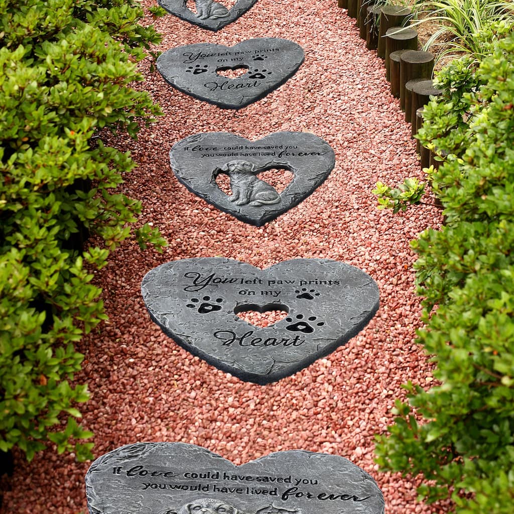 Glitzhome 4-Piece Cement Heart Shaped Paw Prints and Dog Memory Stepping Stones - 10 in