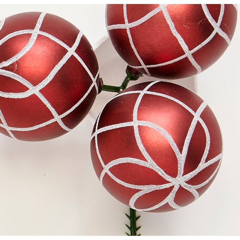 60mm Christmas Shatterproof Painted Plastic Ball x 3 on a Pick, Burgundy, Set of 12 - 9