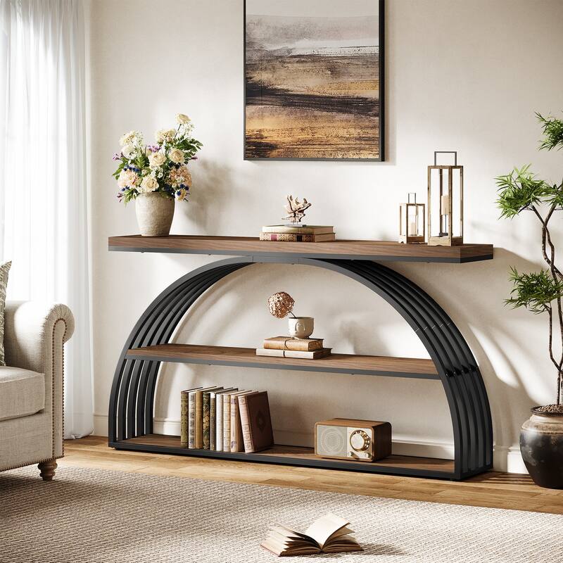 63 Inch Console Table for Entryway, 3 Tier Narrow Sofa Table with Arched Frame - 62.99" L x 11.81" W x 34.25" H