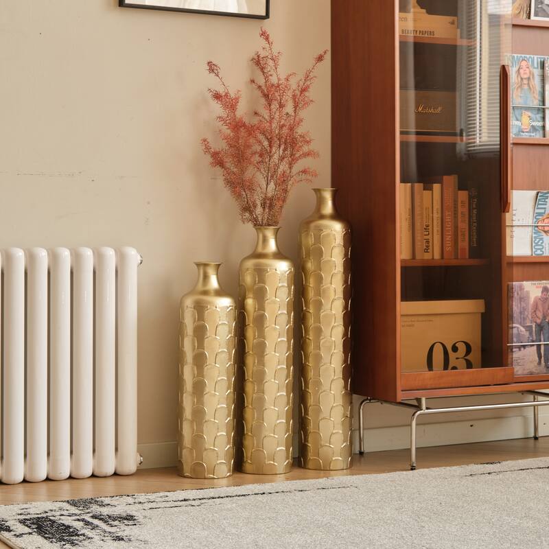 Floor Metal Vases Decorated Trumpet Vase Set of 3, Large Glazed Metal Vases, Hammered Finishes Minimalist Vase