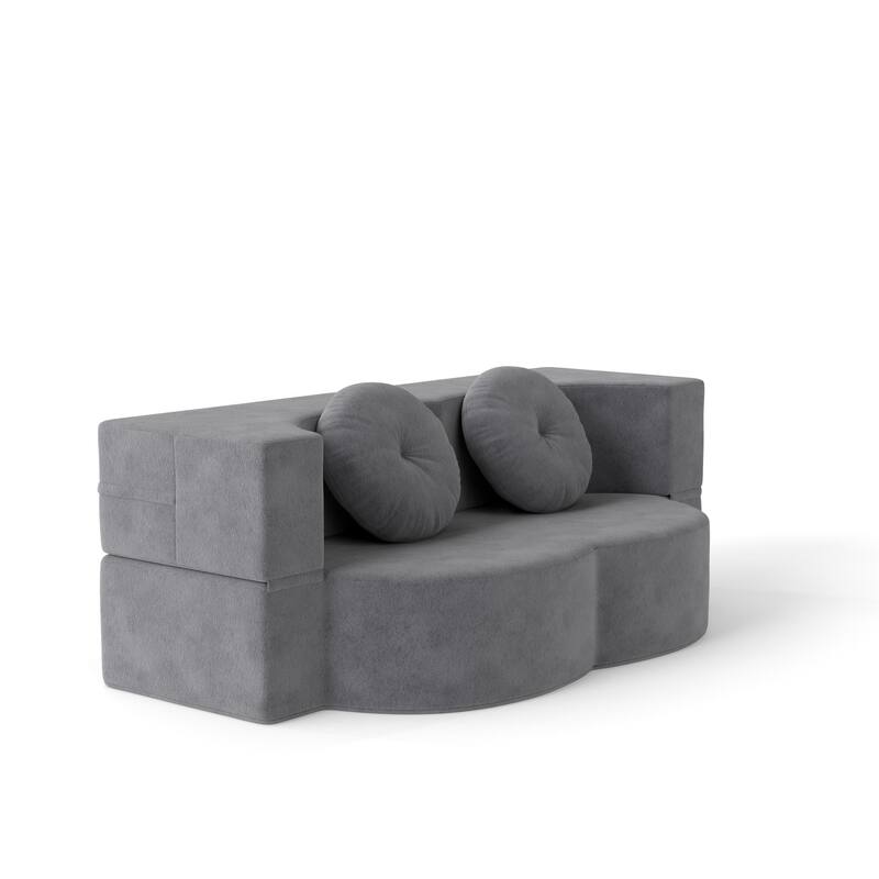Modern 2-Seater Sofa Multi-Functional Folding Sofa Bed with Pillow, Curved Armrest, for Living Room, Apartment, Antique Gray