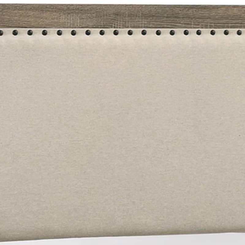 Shannon Queen Panel Bed with Nailhead Trim, Ivory Fabric, Gray Wood