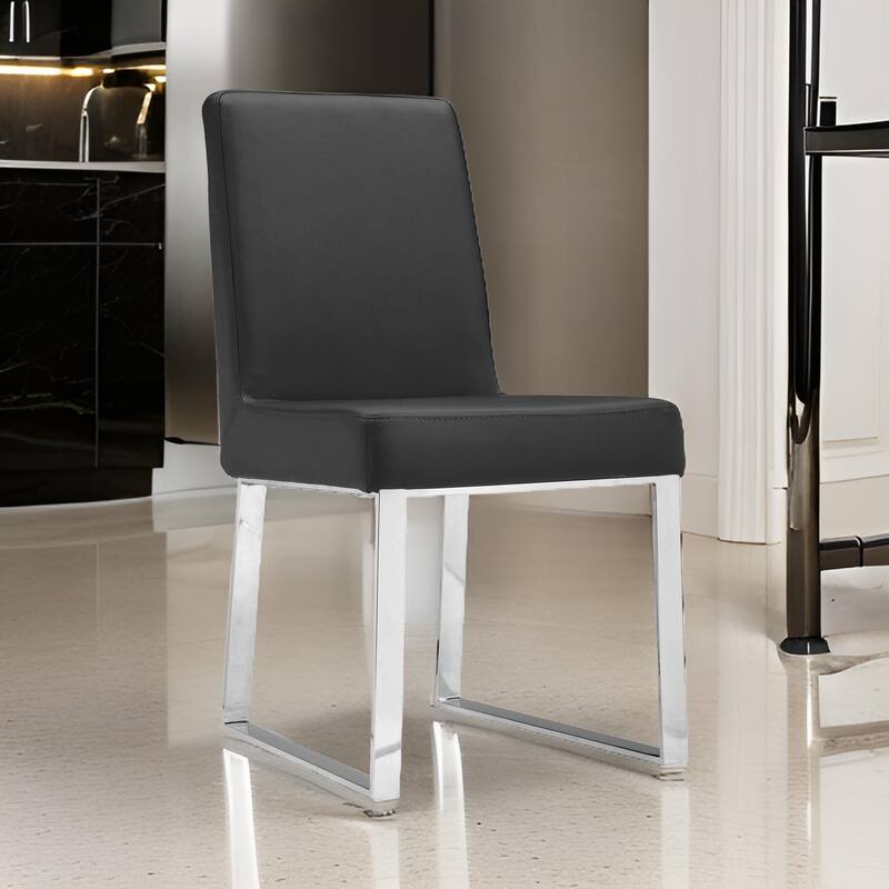 Ien 25 Inch Dining Chair Set of 2, Armless, Black Faux Leather, Chrome