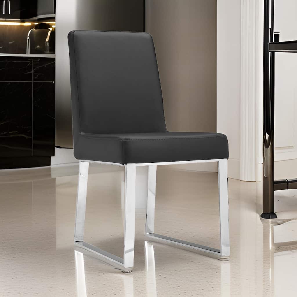 Ien 25 Inch Dining Chair Set of 2, Armless, Black Faux Leather, Chrome