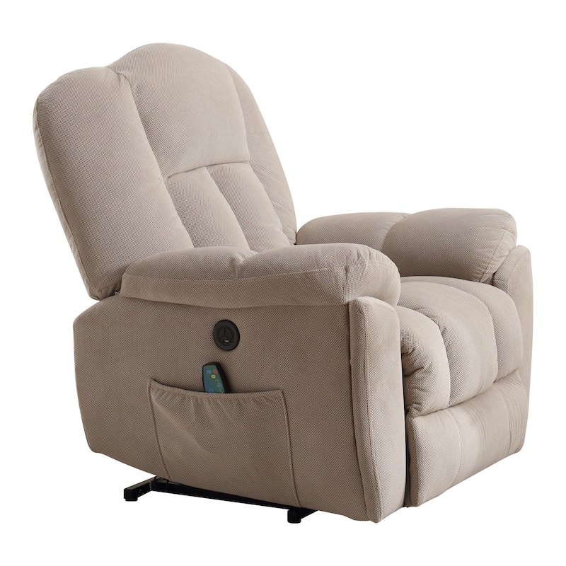 Grey Lift Recliner for Seniors with Heated Massage, USB Port, Side Pockets, and Durable Fabric Upholstery