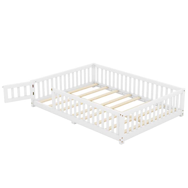 Full Size Pine Wood Floor Bed with Safety Guardrails and Door for Kids