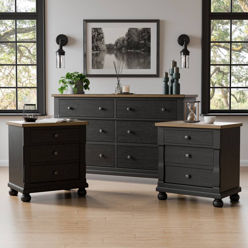 Furniture of America Lucan II 3-Piece Farmhouse Black Dresser and 2 Nightstand Bedroom Set - Black