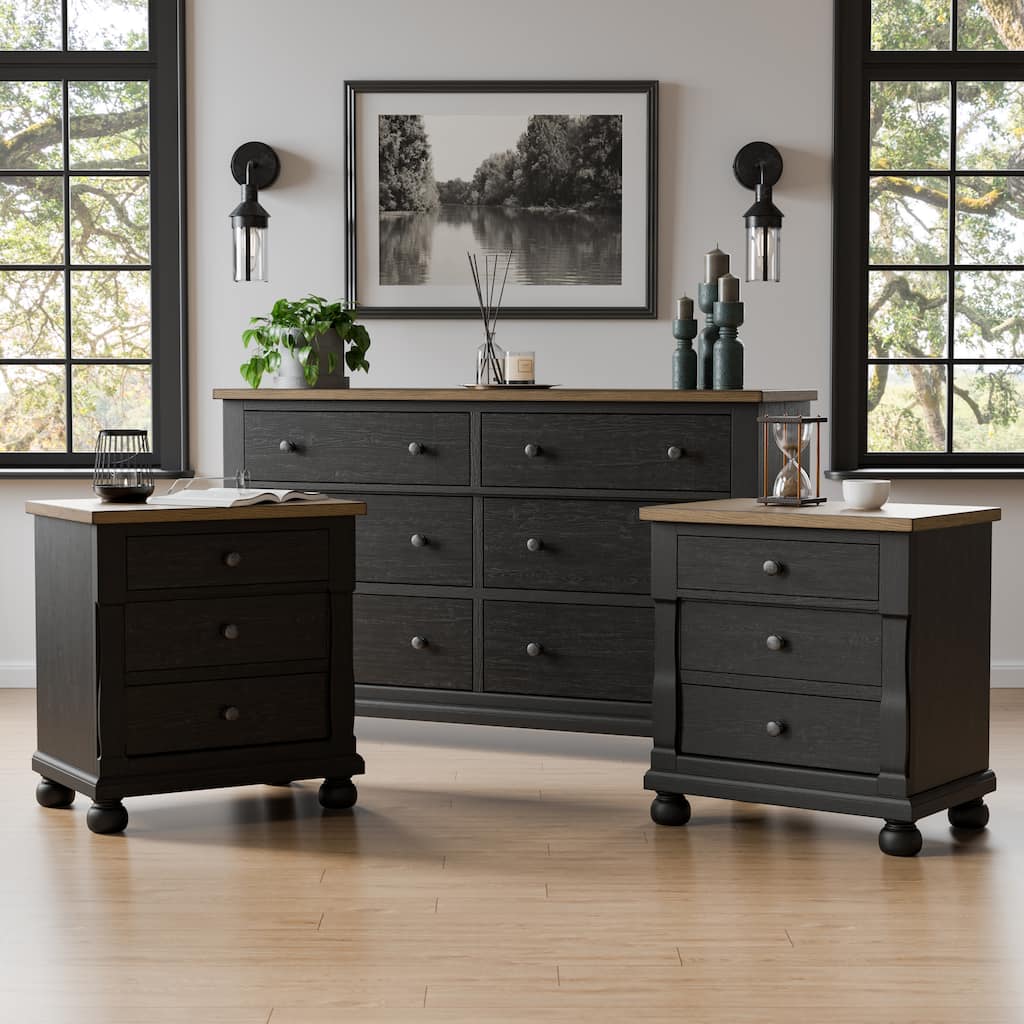 Furniture of America Lucan II 3-Piece Farmhouse Black Dresser and 2 Nightstand Bedroom Set