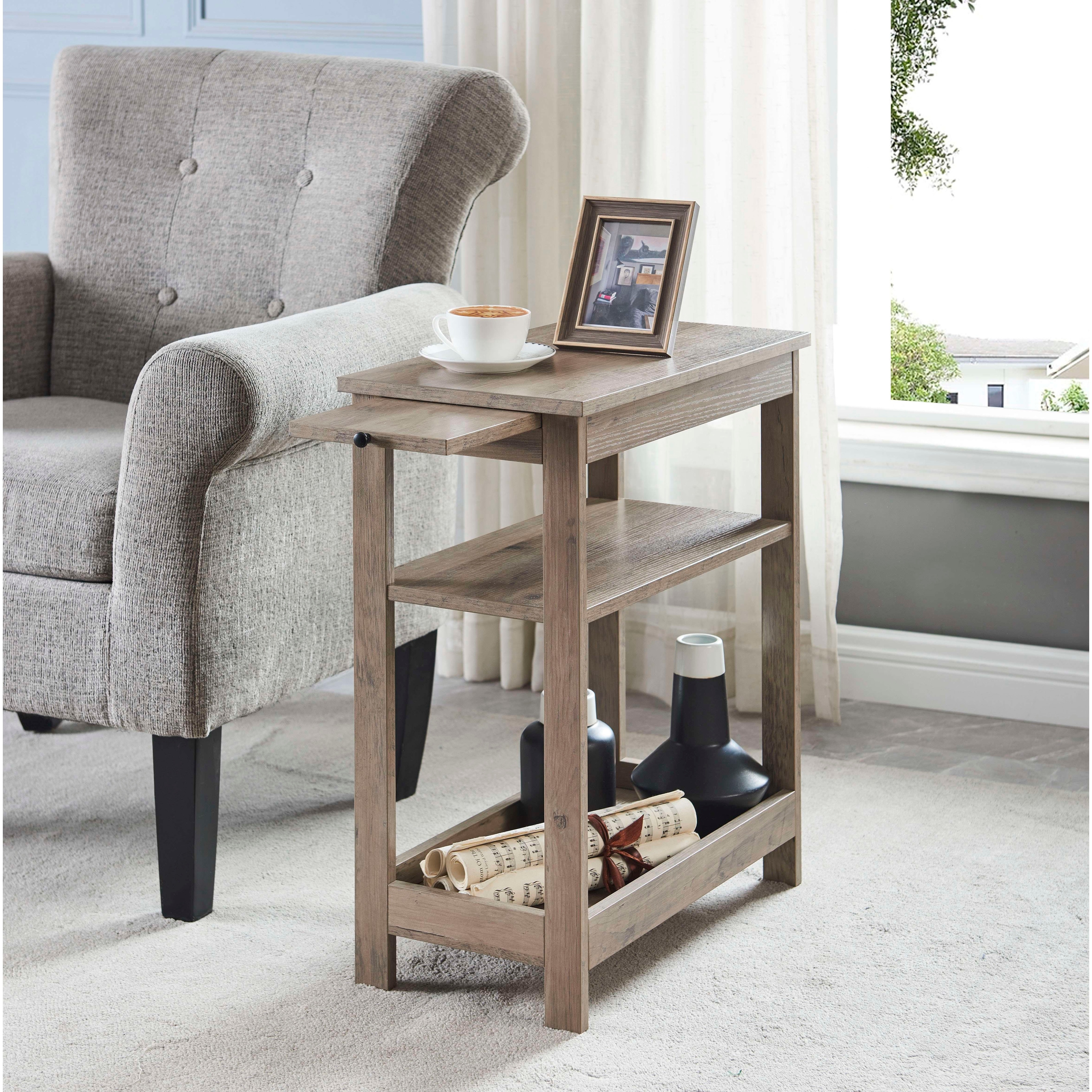 Slim Side End Table with Storage Shelves Pull Out Tray Walnut