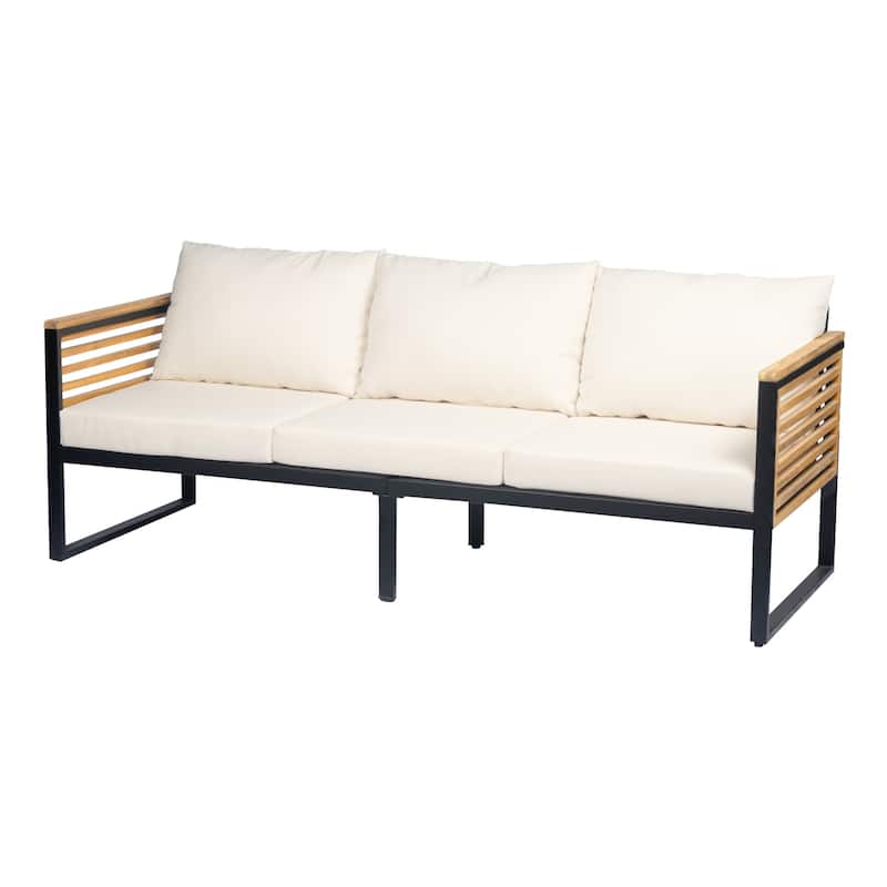 3-Piece Outdoor Wood and Iron 3-Seater Sofa Set with Ottoman and Table