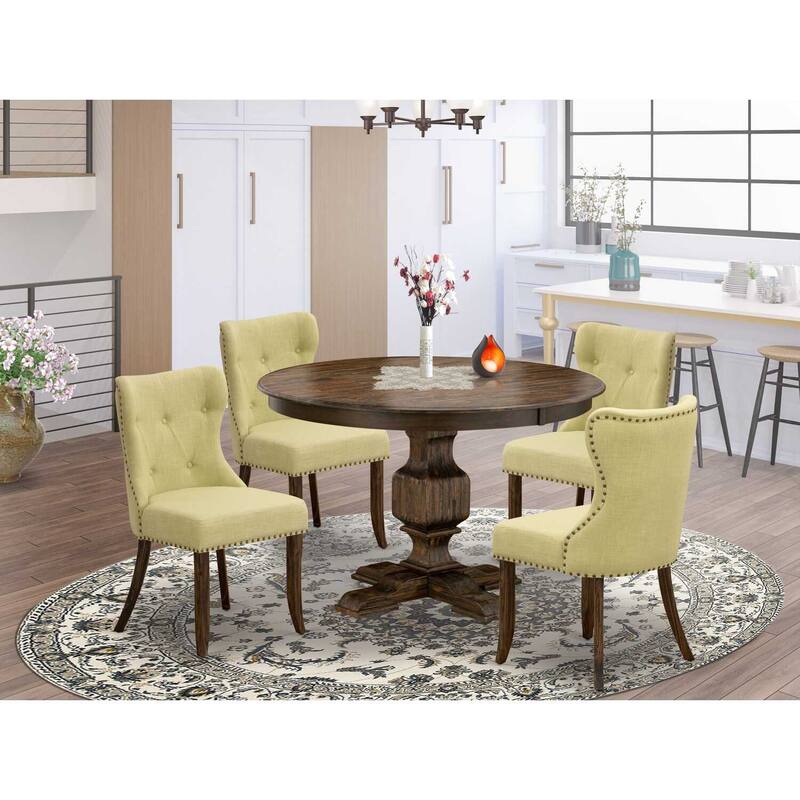 HomeStock 5-Piece Distressed Jacobean Finish Solid Wood Top Dining Table with 4 Parson Chair