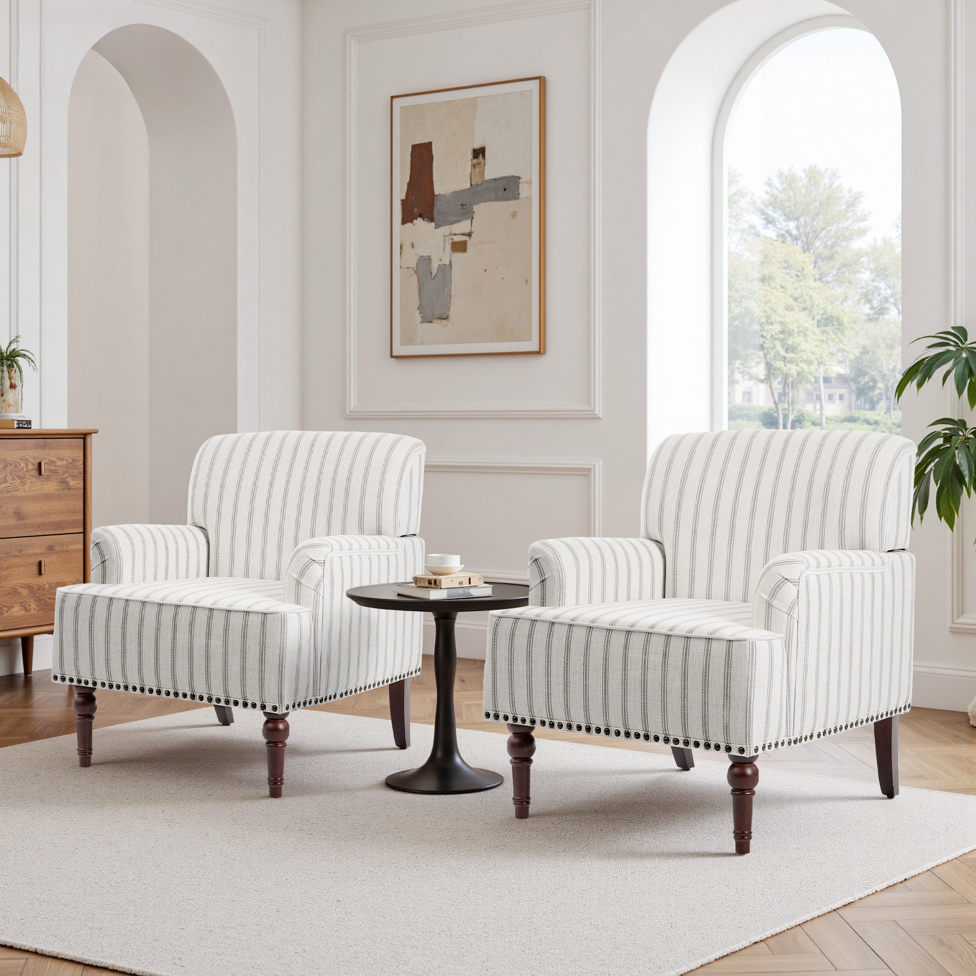 2 Set Upholstered Accent Chairs Nailhead Trim Armchairs