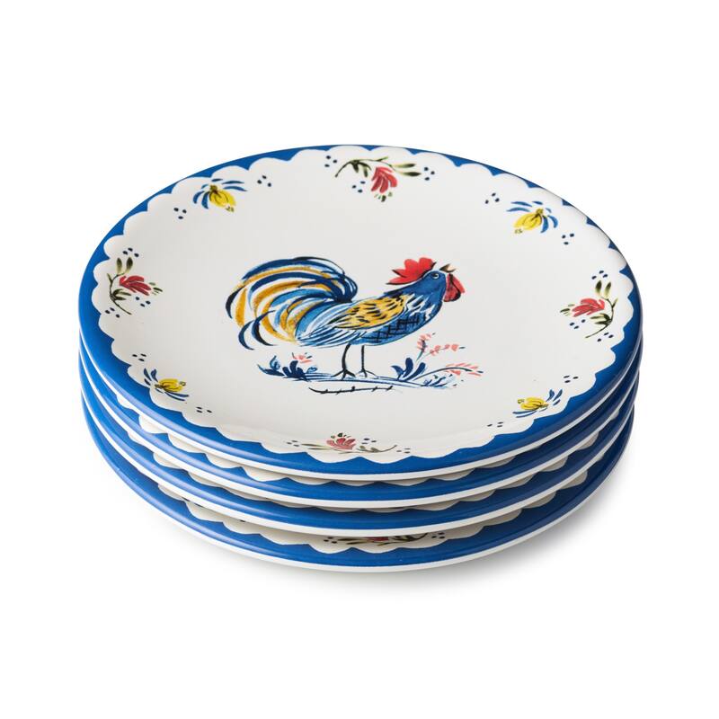 Certified International French Rooster 6" Canape/Luncheon Plates, Set of 4 Assorted Designs - 6.00"L x 6.00"W x 0.75"H