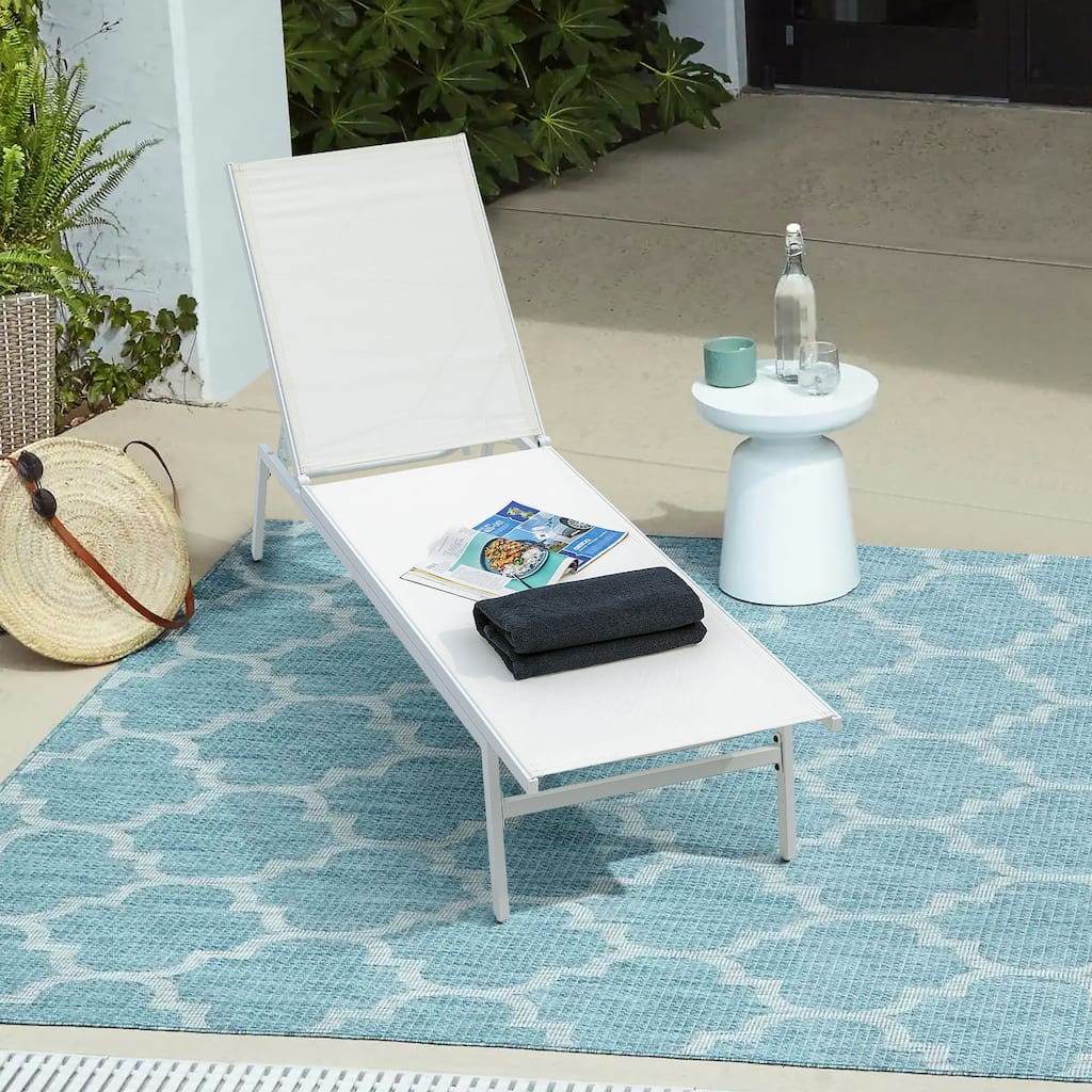 Outdoor Textilene Chaise Lounge with 6-Position Adjustable Backrest, White
