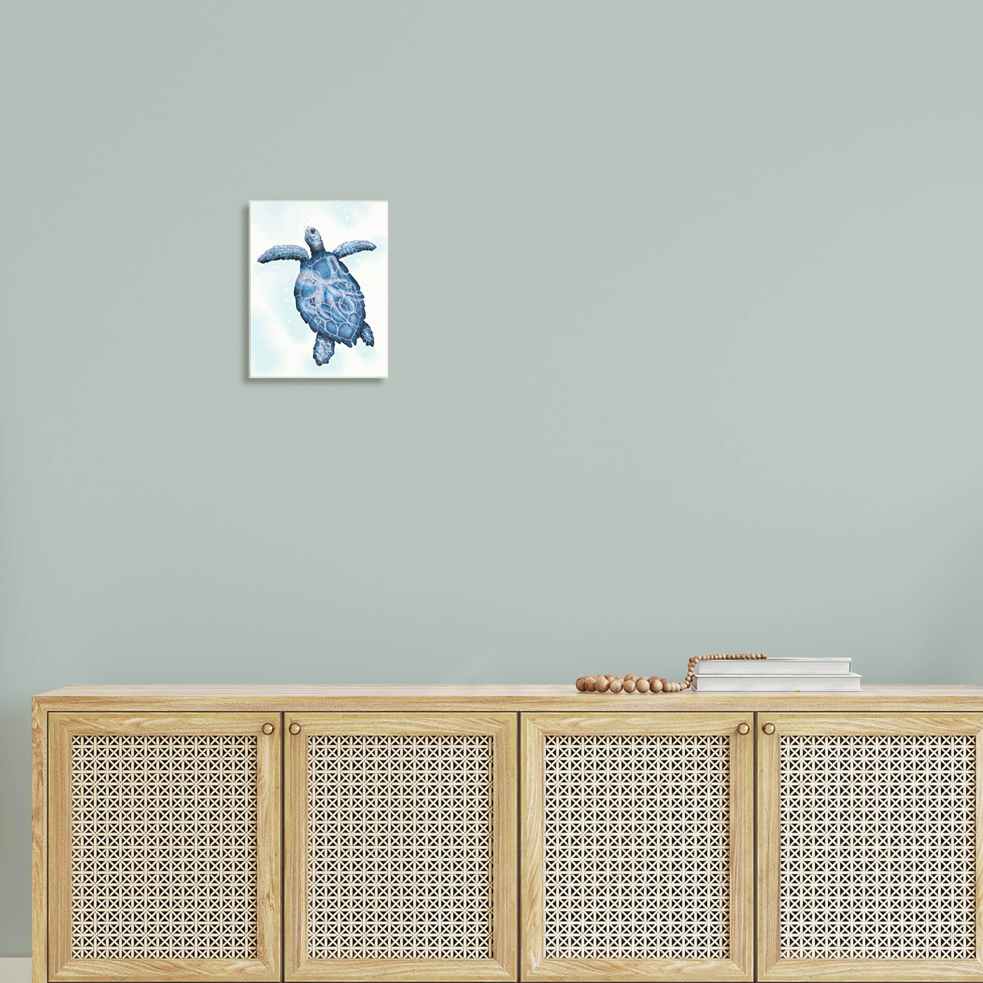 Stupell Swimming Blue Sea Turtle Patterned Tentacles Shell Wood Wall Art,-image