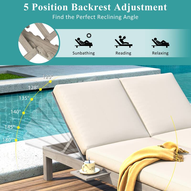 Patio Outdoor Chaise Lounge w/ Cushion & Folding Side Trays & 5-Position Backrest, Gray