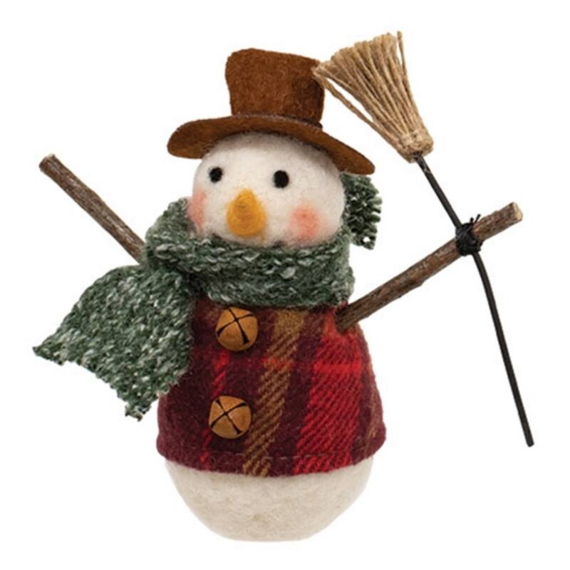 Snowman Felted Ornament for Christmas Tree Decoration - 5" H x 5.5" W x 2.5" D - Green/White/Red