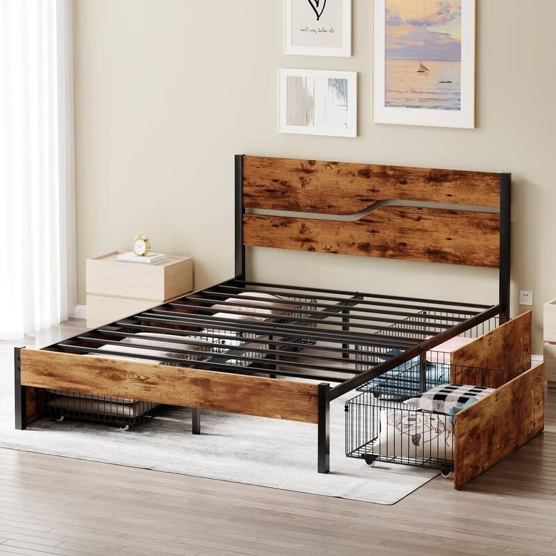VECELO Upholstered Platform Bed Frame with 4 Storage Drawers, Full/Queen Size
