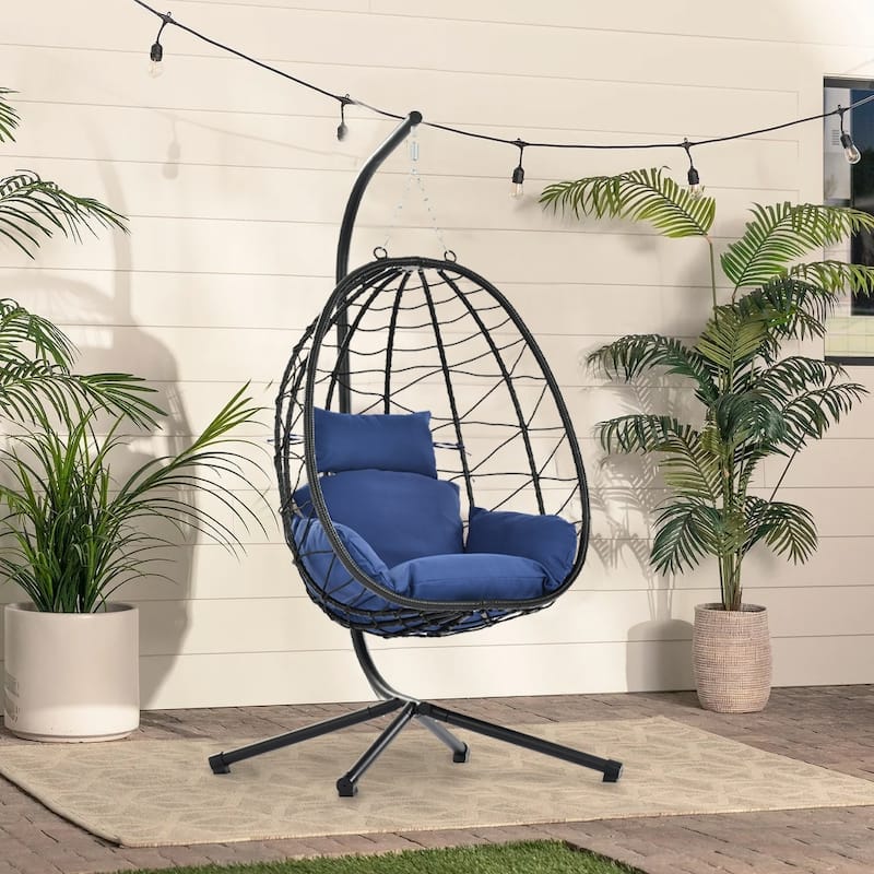Egg Chair with Stand Indoor Outdoor Swing Chair Patio Wicker Hanging Egg Chair Hanging Basket Chair Hammock Chair - Navy Blue