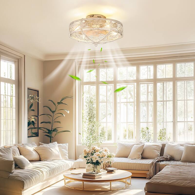 20 Inch Indoor White and Gold Low Profile Cage Ceiling Fan with Light - 20 Inches