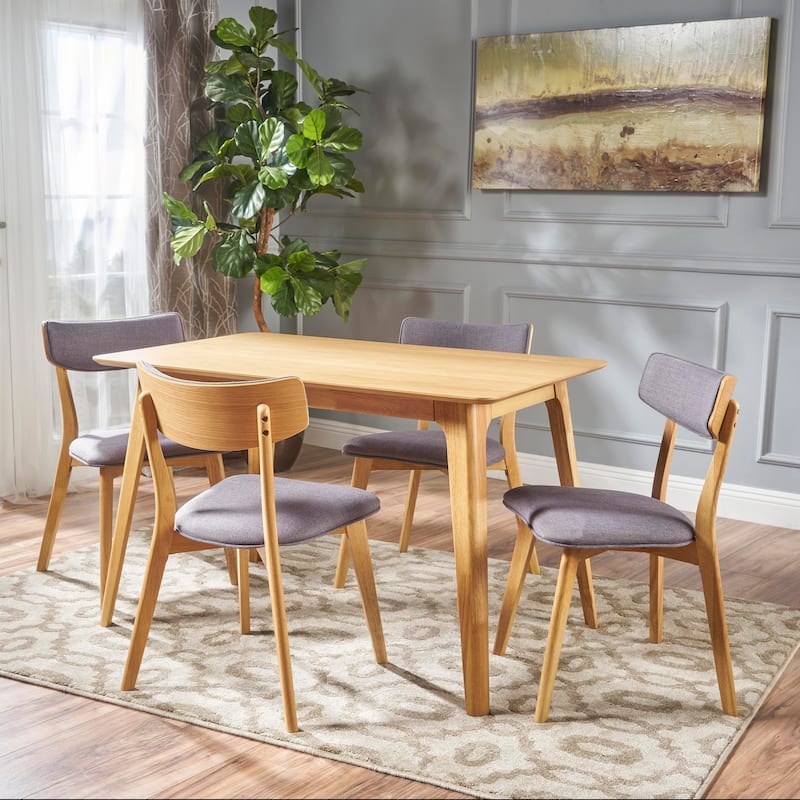 Christopher Knight Home - Megann Mid-Century Modern 5-Piece Rectangular Wood Dining Set with Upholstered Chairs - Natural Oak + Dark Grey