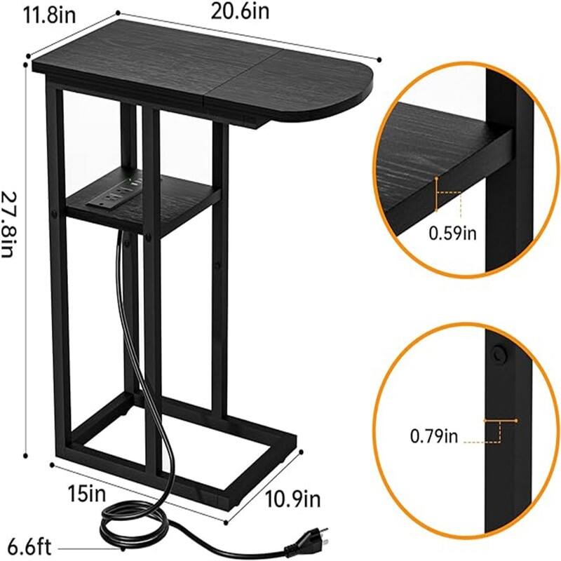 C Shaped End Table with Charging Station - 20.6"D x 11.8"W x 27.8"H