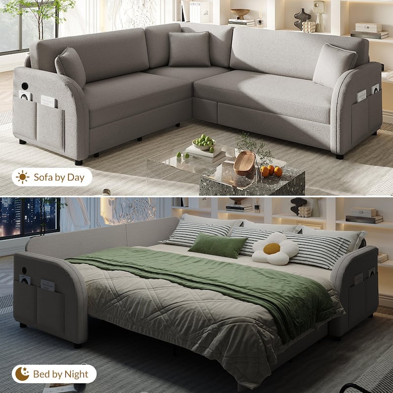 Sectional Sleeper Sofa with Pull Out Bed, Convertible Teddy Fabric Couch with Side Pockets & USB Ports, L Shaped Modular Couches