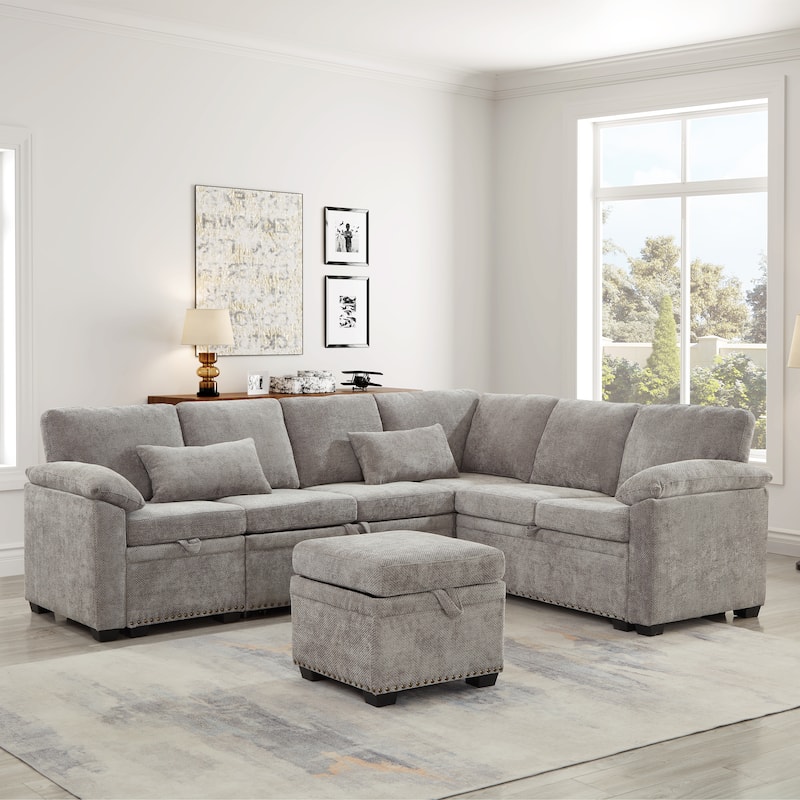 97" L-Shaped Corner Modular Sectional Sofa Couch with Storage Ottoman & 2 Pillows - Grey