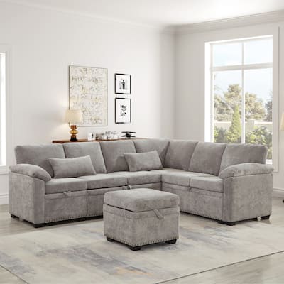 97 Inch L-Shaped Sectional Sofa with Storage Ottoman, Chenille, 7 Seats, Grey