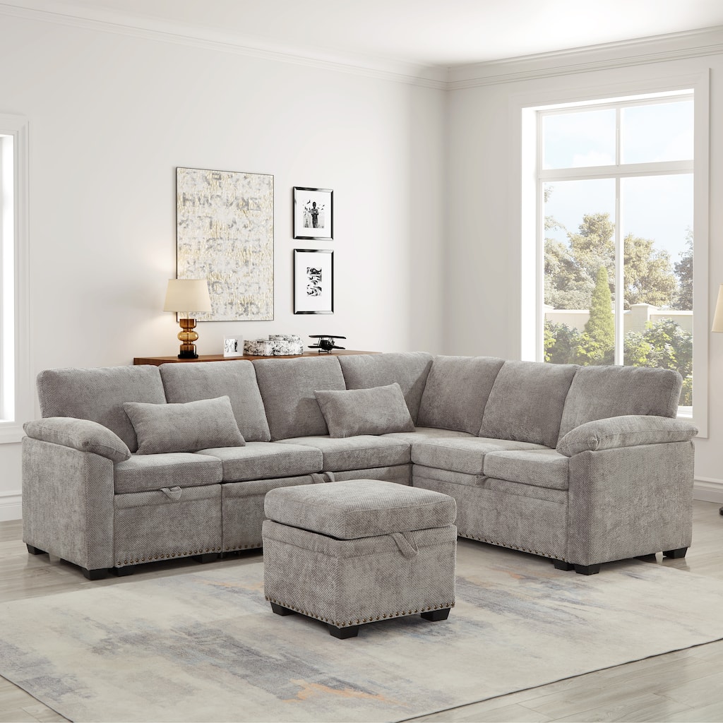 97 Inch L-Shaped Sectional Sofa with Storage Ottoman, Chenille, 7 Seats, Grey