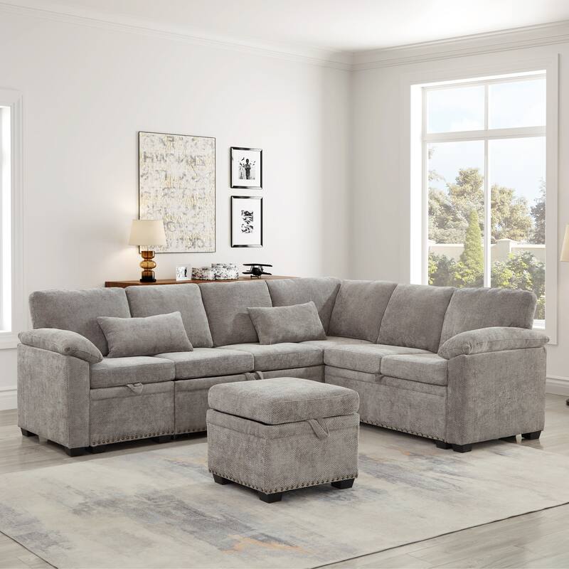 L-Shaped Corner Sectional Sofa with Seat and Storage Ottoman, Chenille Sofa Bed with 2 Pillows for Living Room Sleeper Couch - Grey