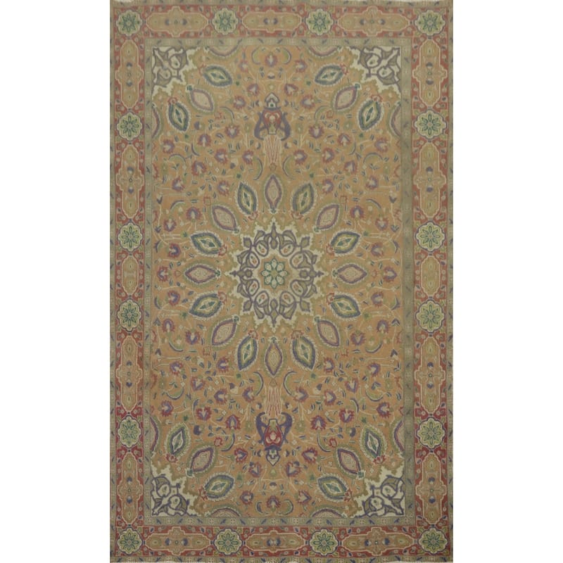 Hand Knotted Oriental 100% Wool Carpet Traditional Floral Brown Tabriz Area Rug - 9' 4'' X 6' 2''