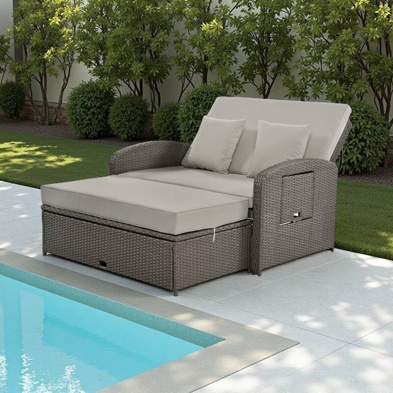 Outdoor Double Reclining Chaise Lounge with Cushions and Waterproof Cover, Adjustable Backrest and Hidden Footrest Storage - Gray