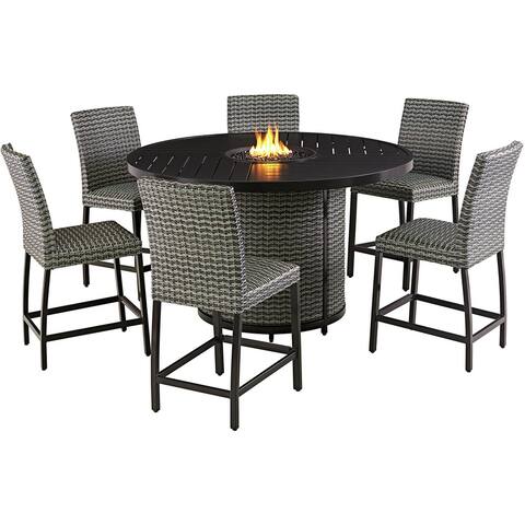 Agio Weston 7-Piece Outdoor High Dining Fire Pit Set with 6 Wicker Chairs and 60-in. 60,000 BTU Gas Fire Pit Table