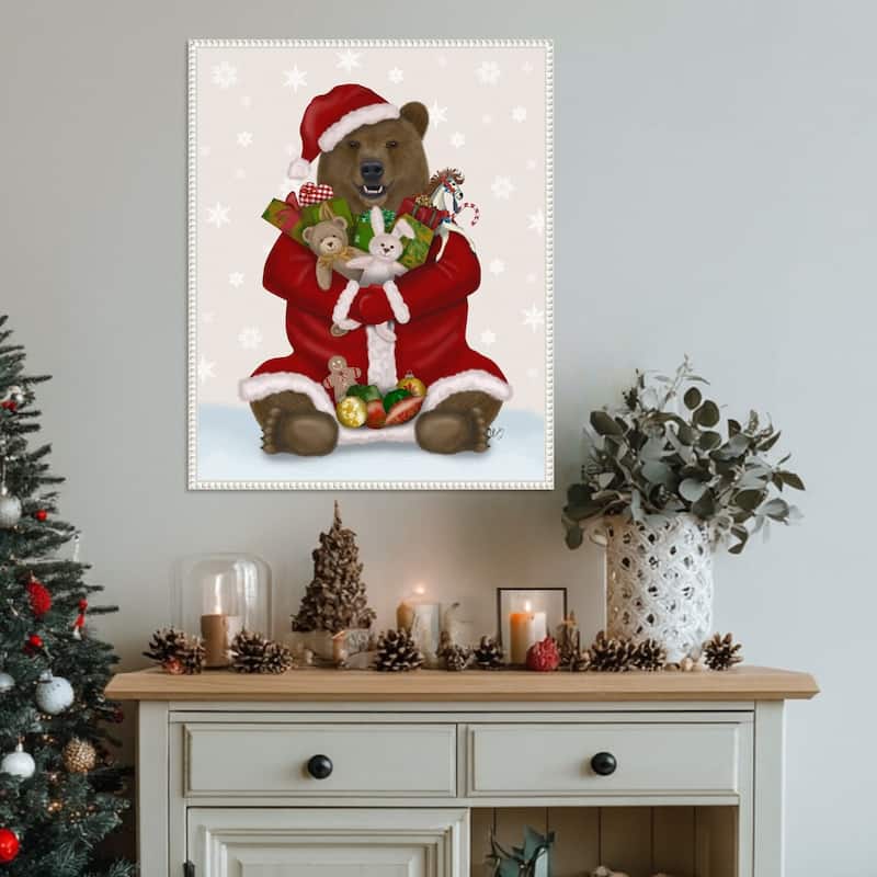 Christmas Christmas Present Bear Hug by Fab Funky (23 x 28 in.), Framed Canvas Wall Art Print - Sylvie Beaded White
