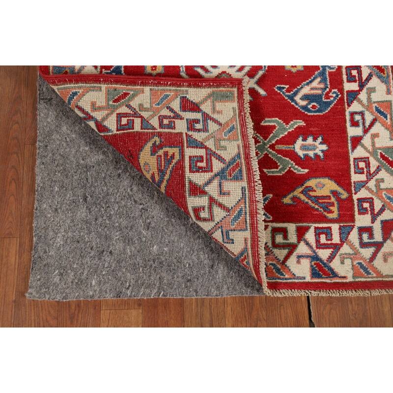 Red Geometric Kazak Oriental Runner Rug Handmade Wool Carpet - 2'7" x 9'8"