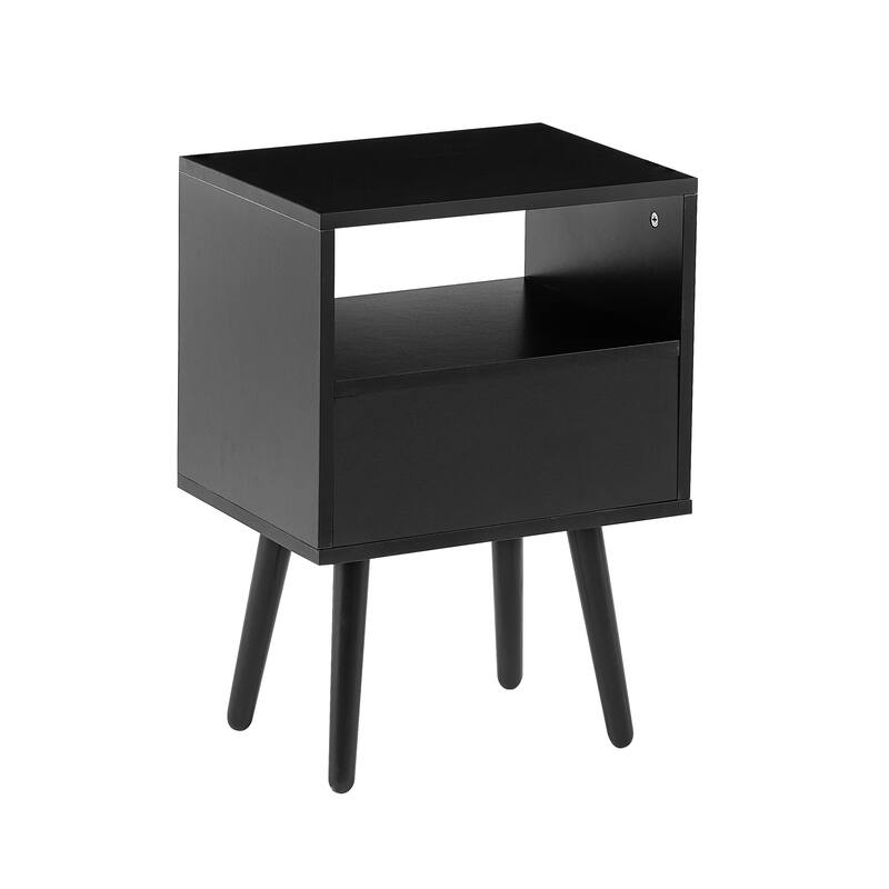 Rattan End Table Nightstand w/ Open Storage Shelf Side Table, Black