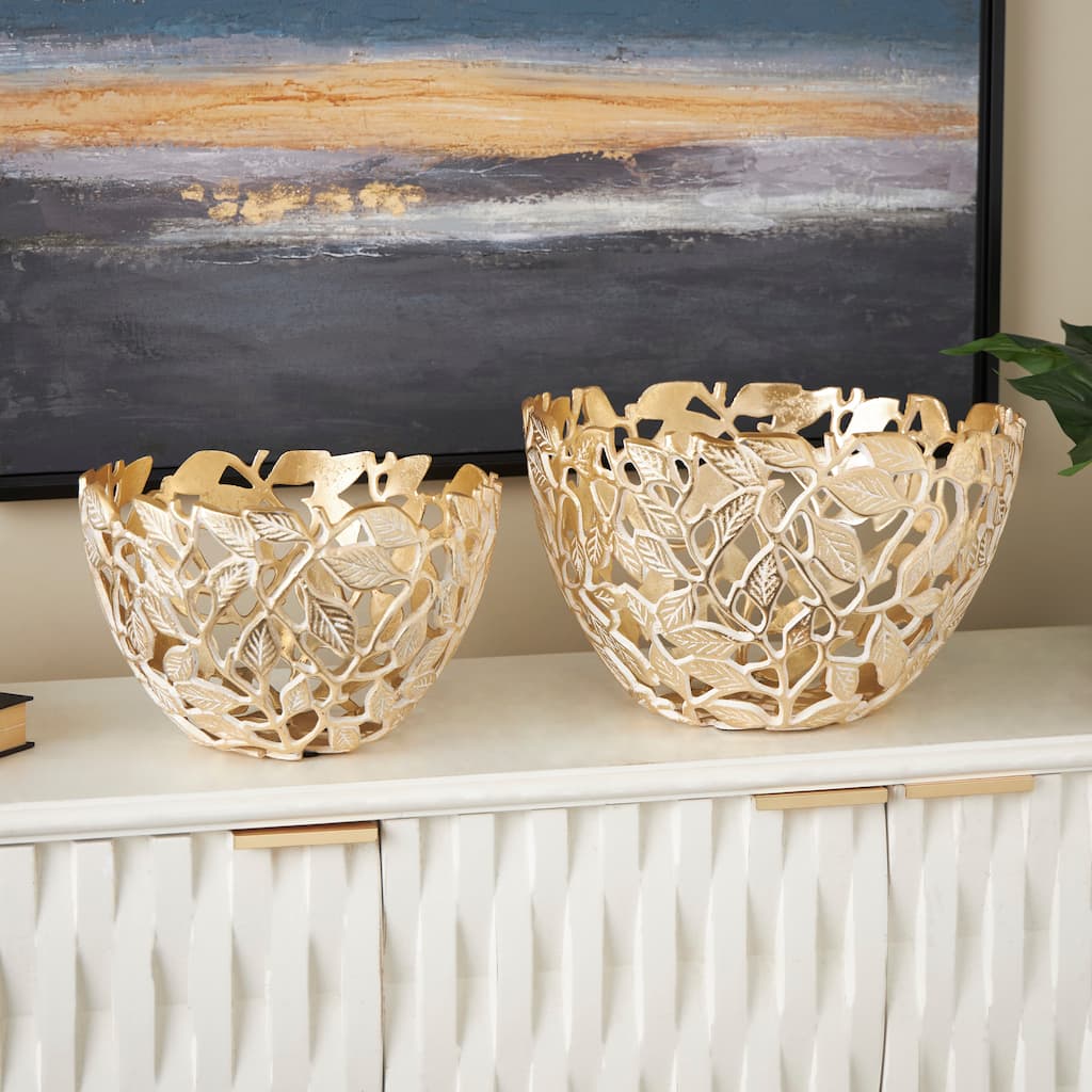 Gold Aluminum Metal Leaf Decorative Decorative Bowl with White Detailing (Set of 2)
