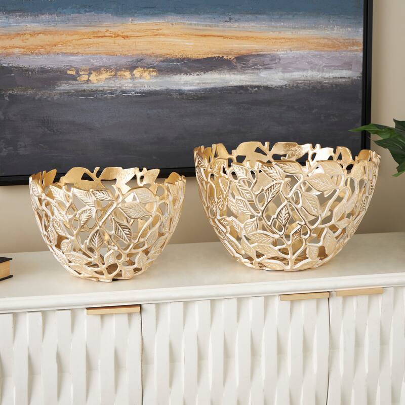 Gold Aluminum Metal Leaf Decorative Decorative Bowl with White Detailing (Set of 2) - Gold